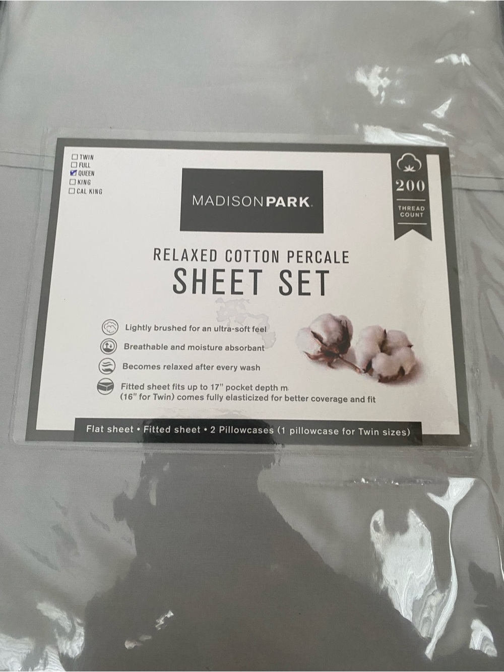 Madison Park 200 Thread Count Relaxed Cotton Percale Deep Pocket Sheet Set Queen